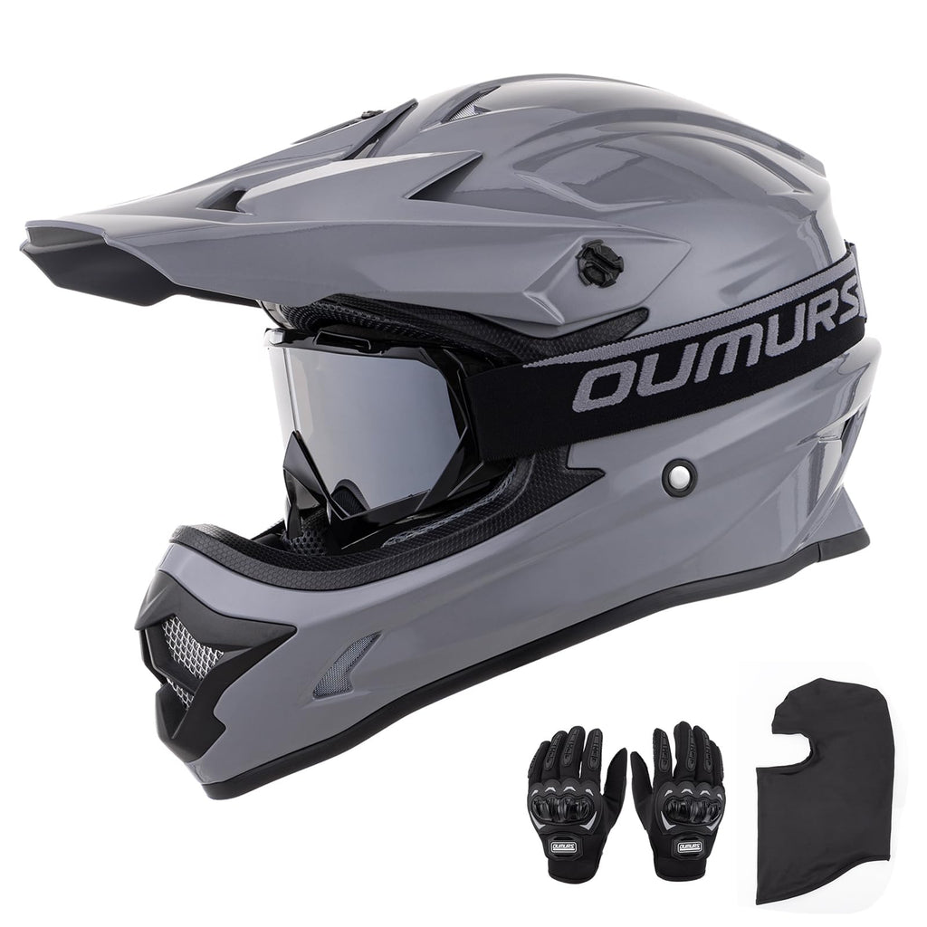 Adult ATV Dirt Bike Helmet with Goggles Gloves & Mask Adjustable Sun Visor Motorcycle Off-Road Motocross Downhill Moped MX Gray L U118