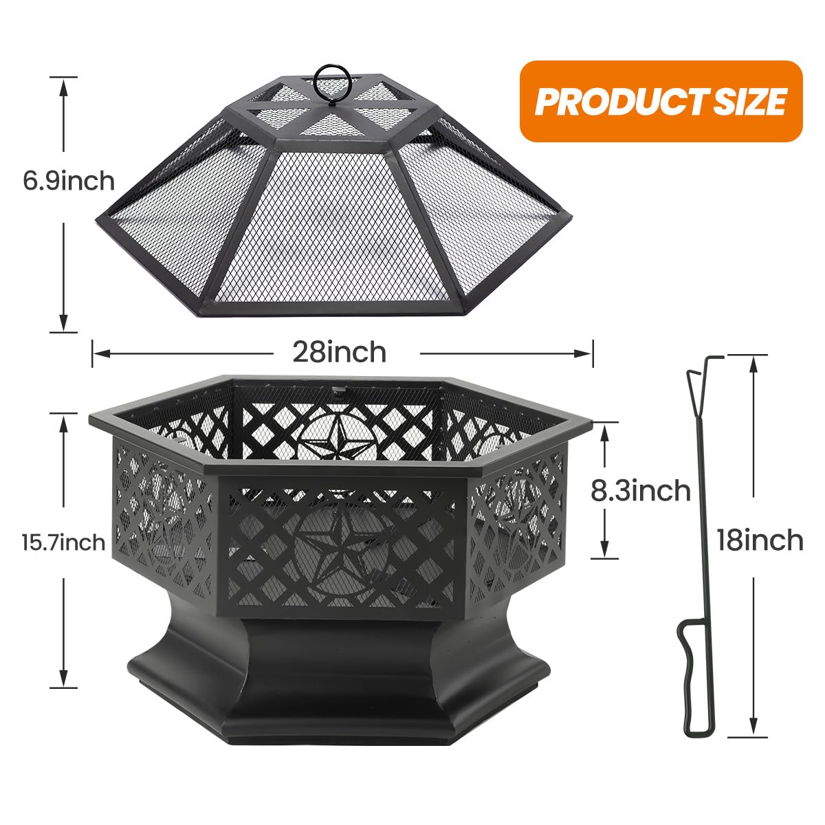 28 Inch Hexagonal Fire Pit with Spark Screen & Fire Poker Black E313