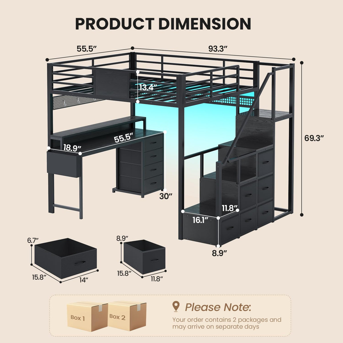 Full Size Loft Bed with Desk and Storage Stairs B33569