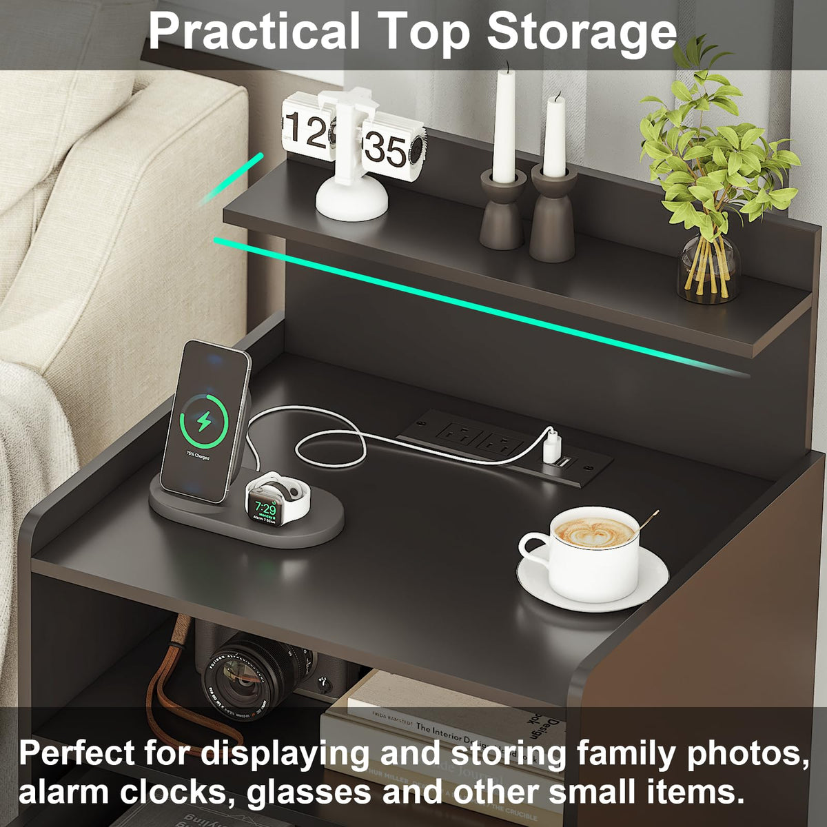 Black LED Nightstand with Charging Station and 2 Drawers W879