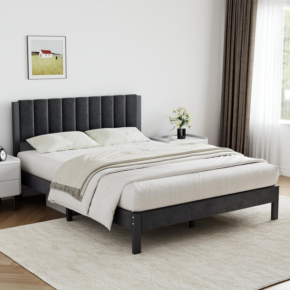 Full Size Metal Platform Bed Frame with Velvet Black Headboard and Footboard U6013