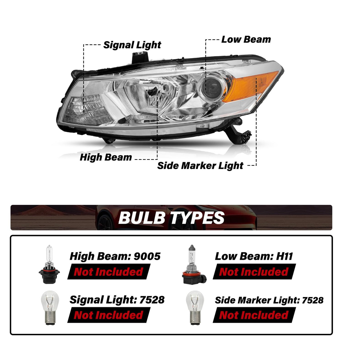 Headlight Assembly Replacement Chrome Housing with Amber Reflector E5648