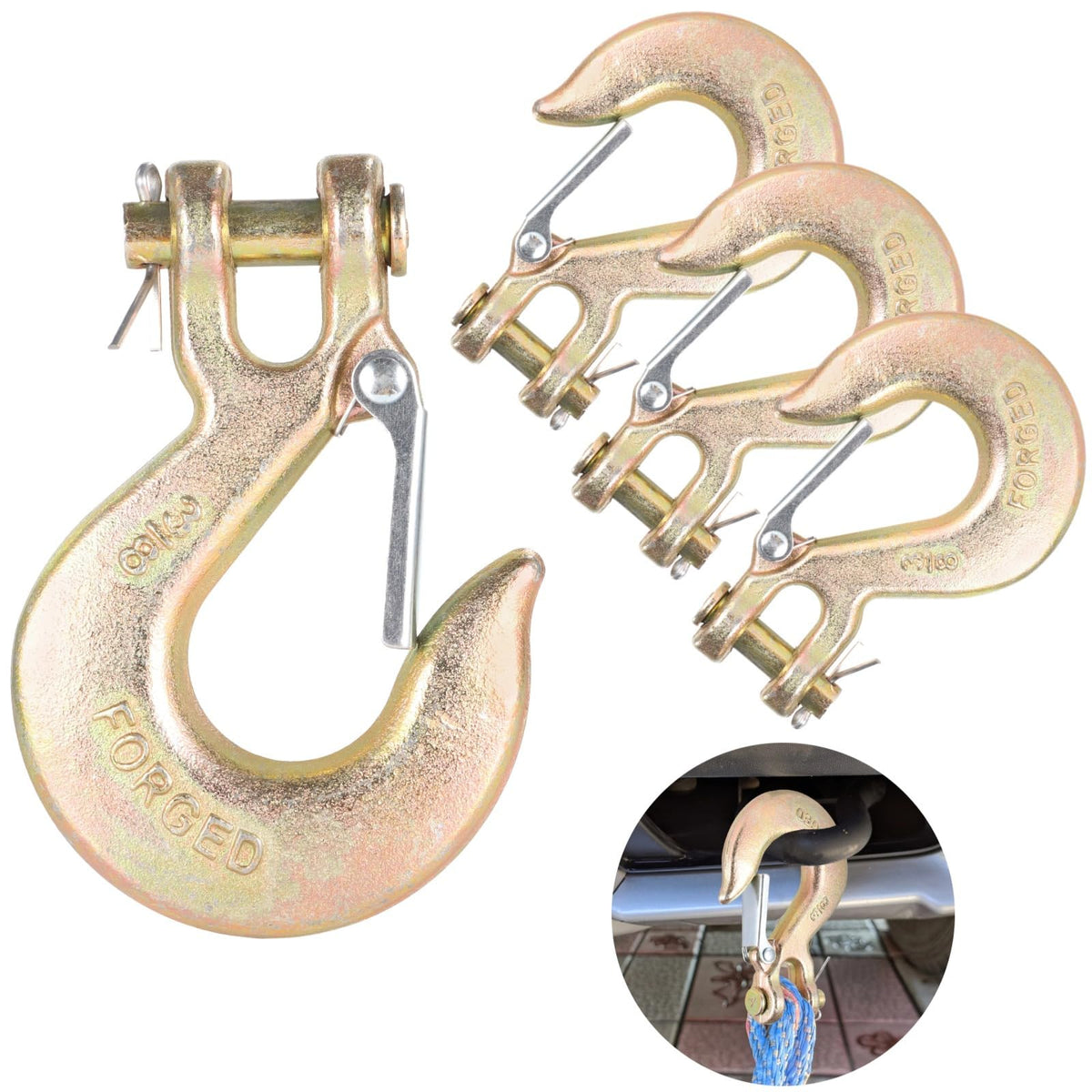 4 Pack 3/8-Inch Grade 70 Steel Clevis Slip Hooks with Safety Latch J720196