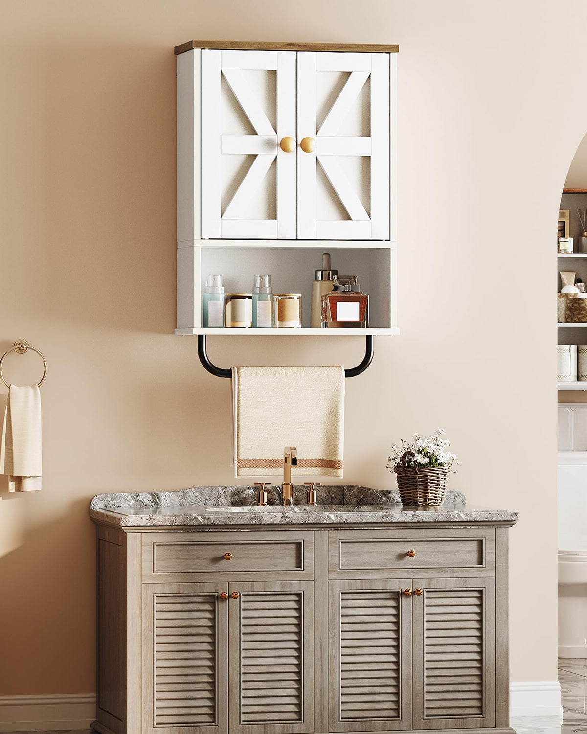 White and Walnut Bathroom Wall Cabinet with Towel Bar H819