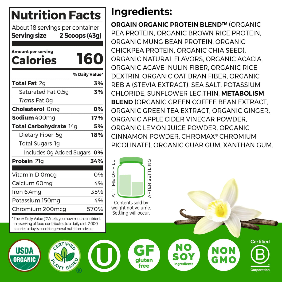 Organic Vegan Protein Powder Vanilla 1.71lb W188