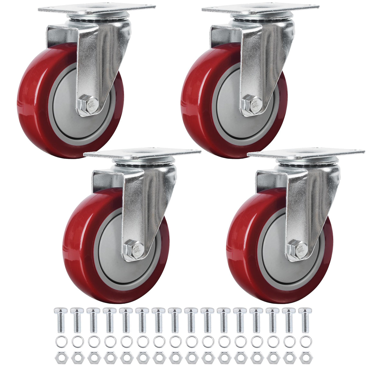 4” Swivel Plate Casters Set of 4 Heavy Duty Polyurethane Wheels Red A213077