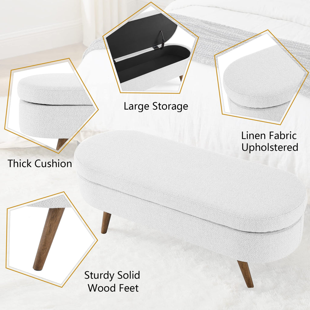 White Linen Fabric Upholstered Storage Bench with Solid Wood Legs D737