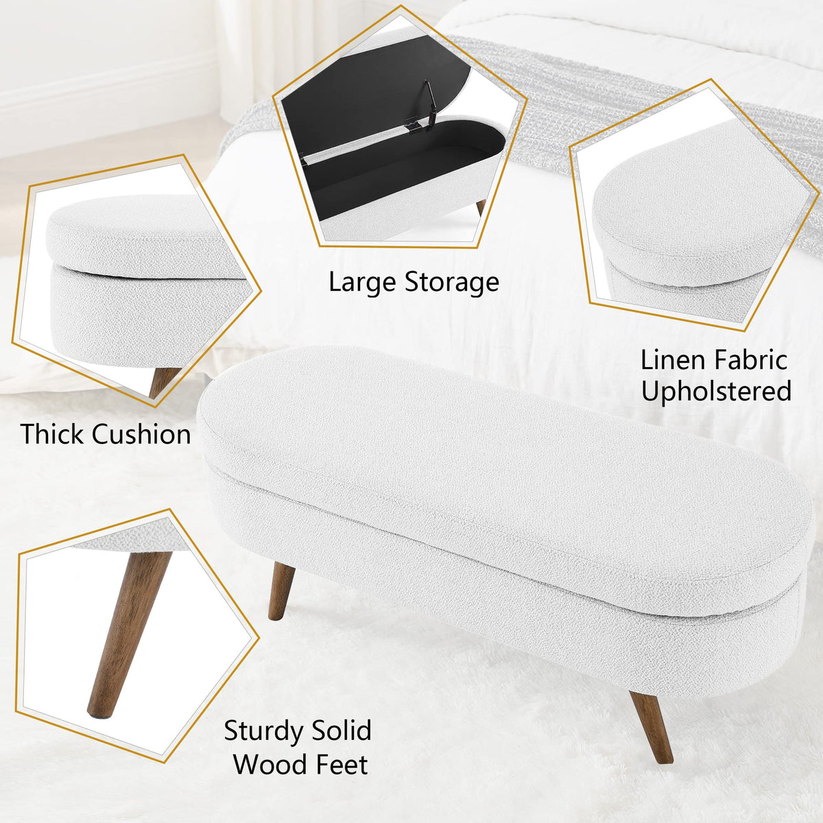 White Linen Fabric Upholstered Storage Bench with Solid Wood Legs D737