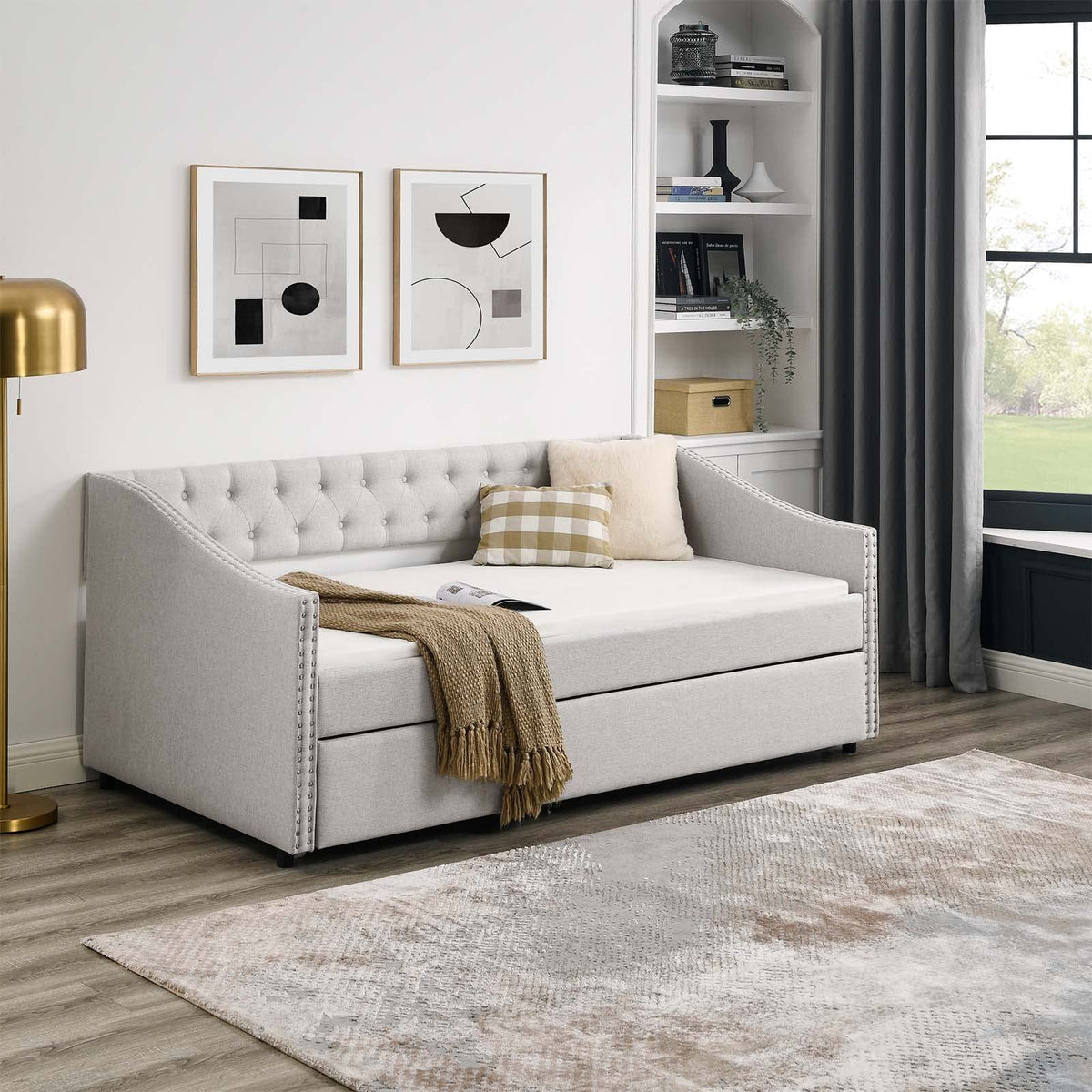 Velvet Upholstered Twin Size Daybed with Trundle Y2980
