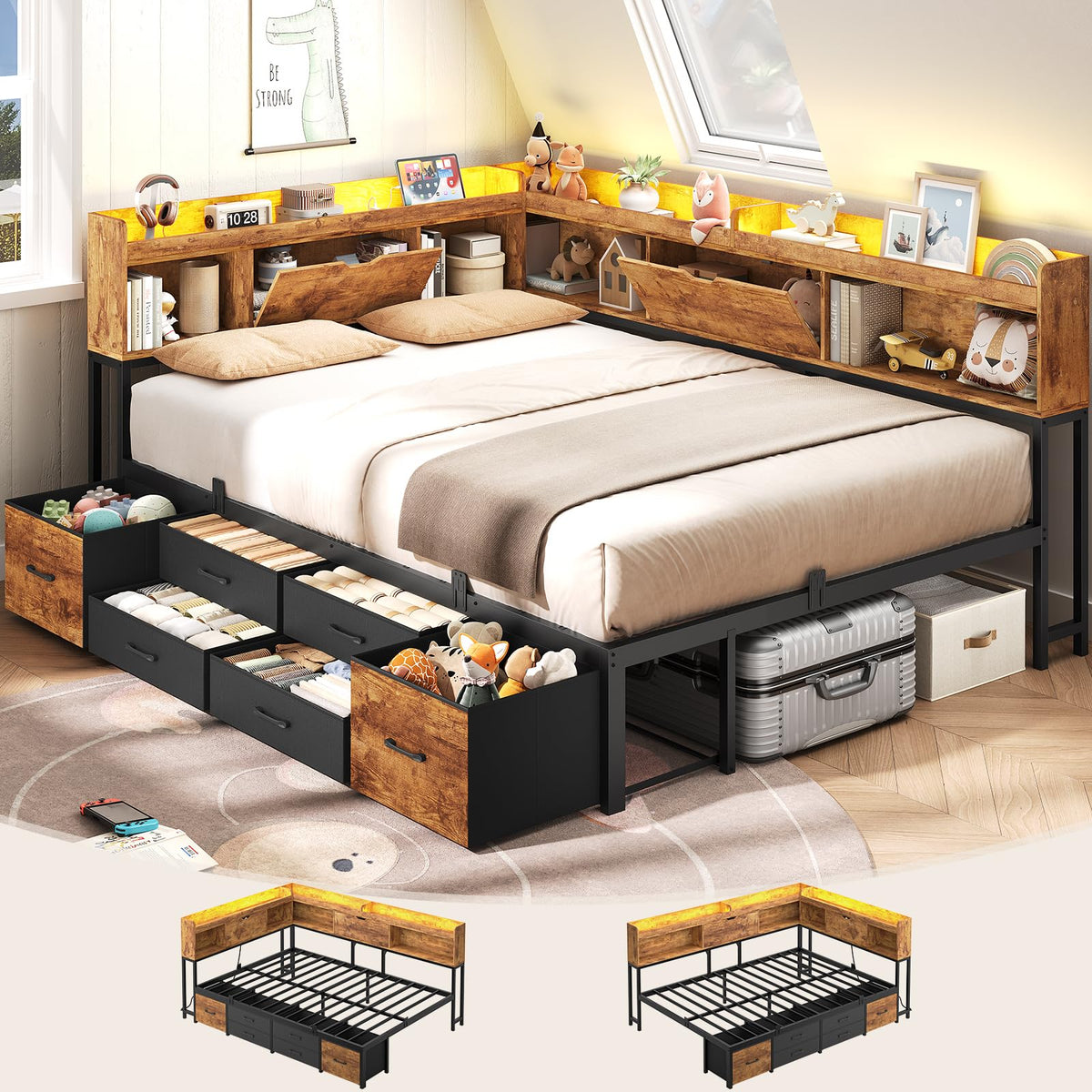 Full Size Corner Bed Frame with 6 Storage Drawers and Bookcase G21741