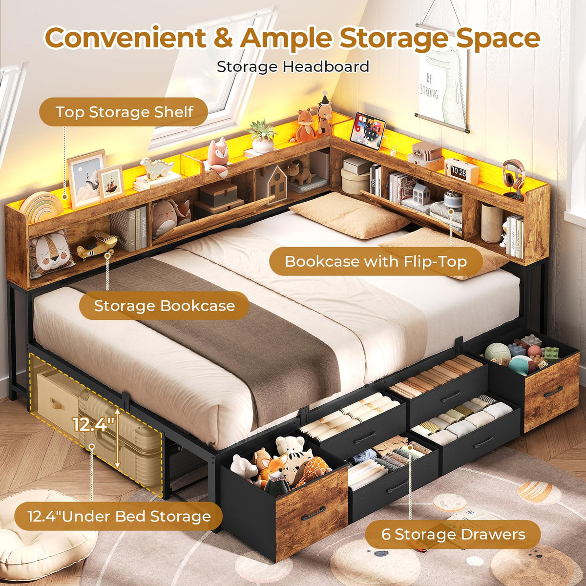 Full Size Corner Bed Frame with 6 Storage Drawers and Bookcase G21741