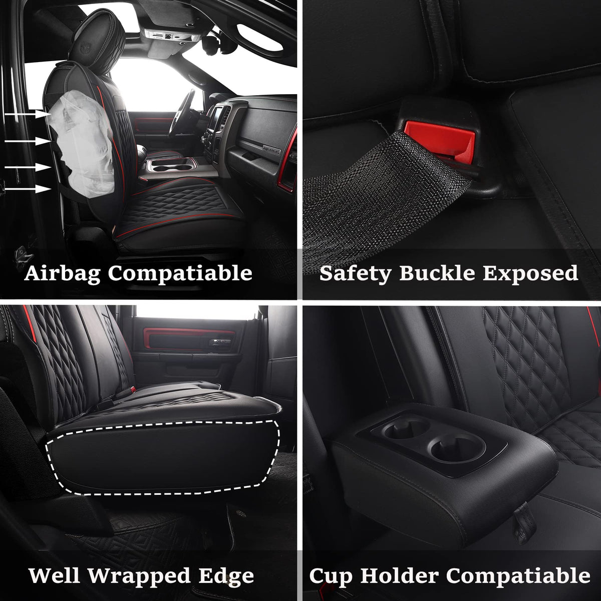 Waterproof Synthetic Leather Car Seat Covers 5PCS Full Set Black Red N315616