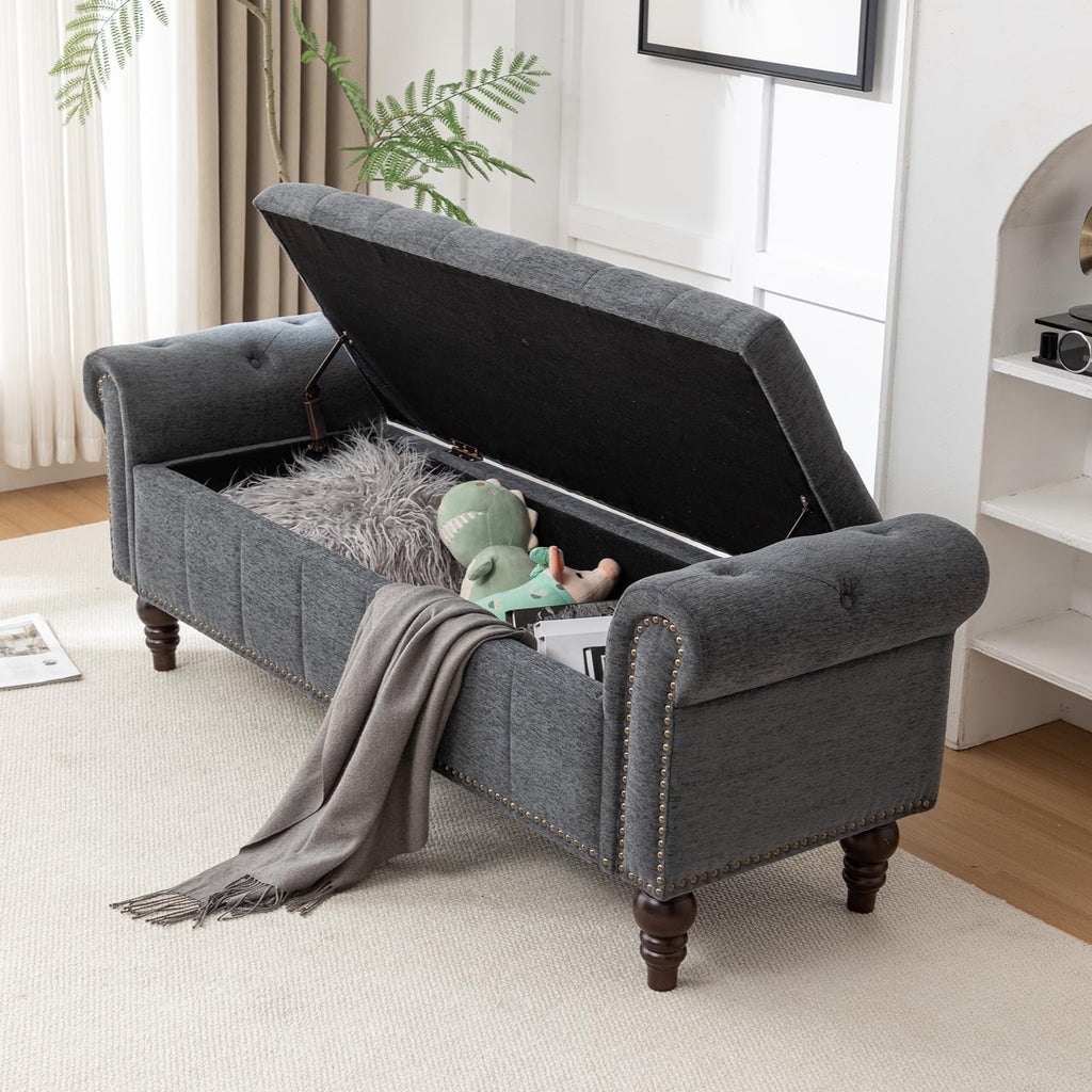 58" Chenille Storage Bench F510370
