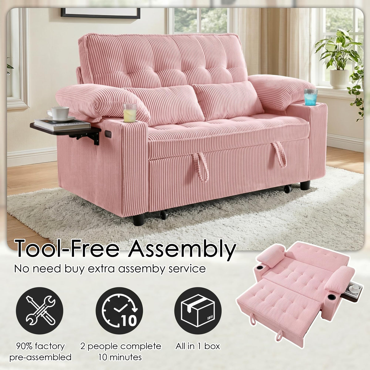 Pink Corduroy Full Size Sleeper Sofa Bed P242