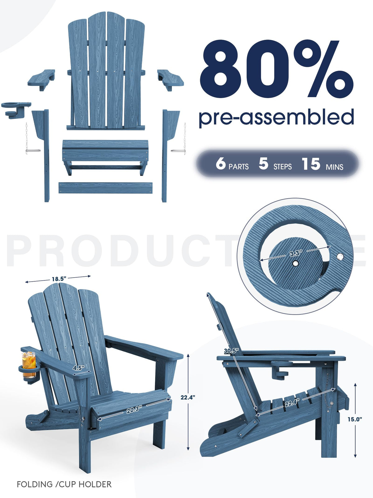 Folding Adirondack Chair Set of 2 with Cup Holder H602