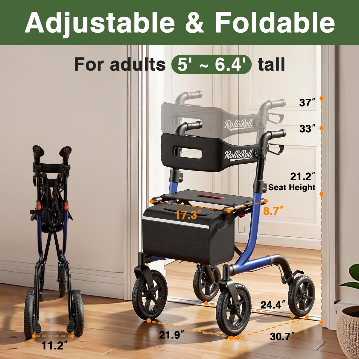 Blue Foldable Rollator Walker with Seat Y531