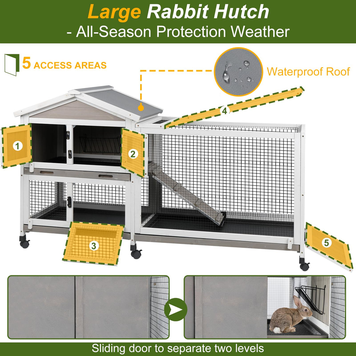 Large Rabbit Hutch with Run 2-Story Bunny Cage 6 Wheels G619332