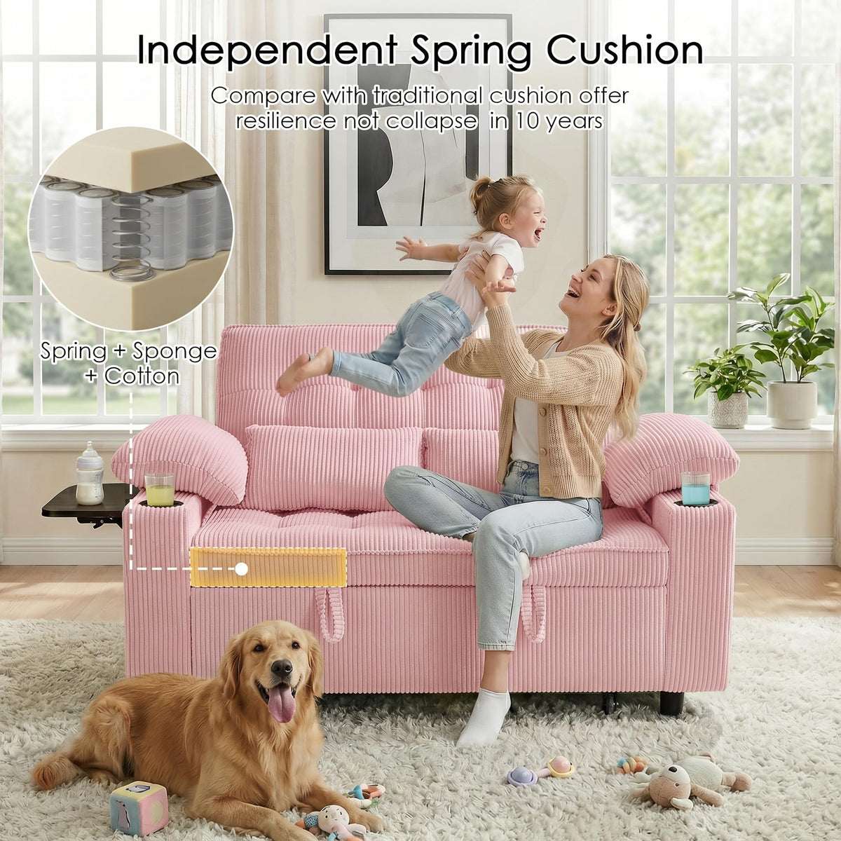 Pink Corduroy Full Size Sleeper Sofa Bed P242