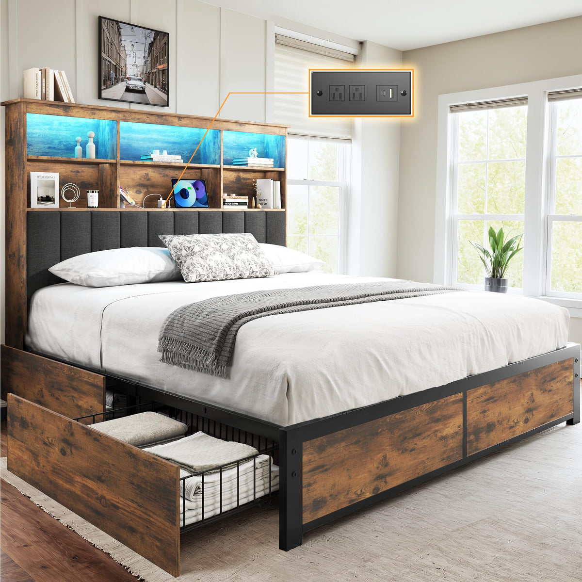 Queen Bed Frame with Headboard, Wood Bed Frame with Storage Y52413