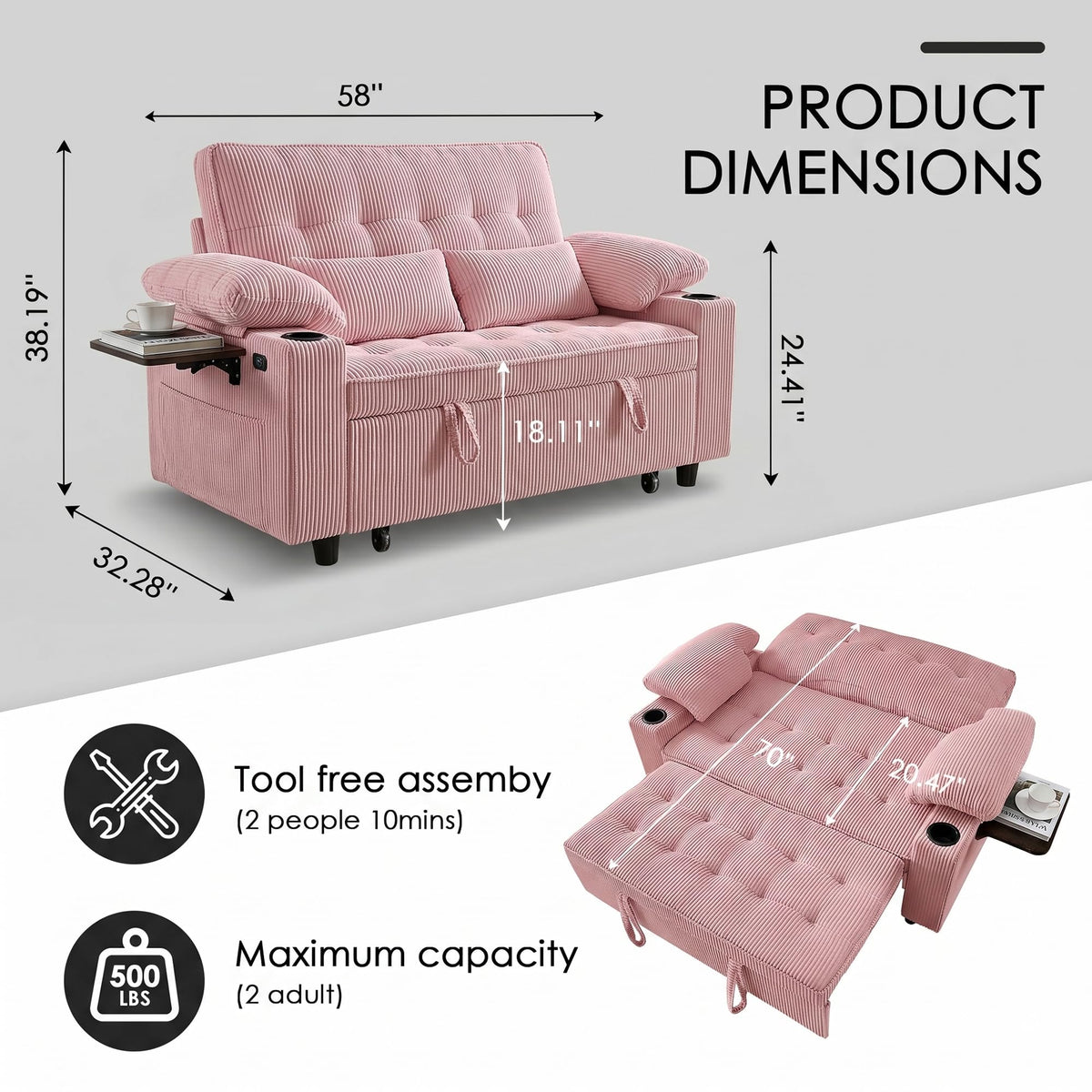 Pink Corduroy Full Size Sleeper Sofa Bed P242