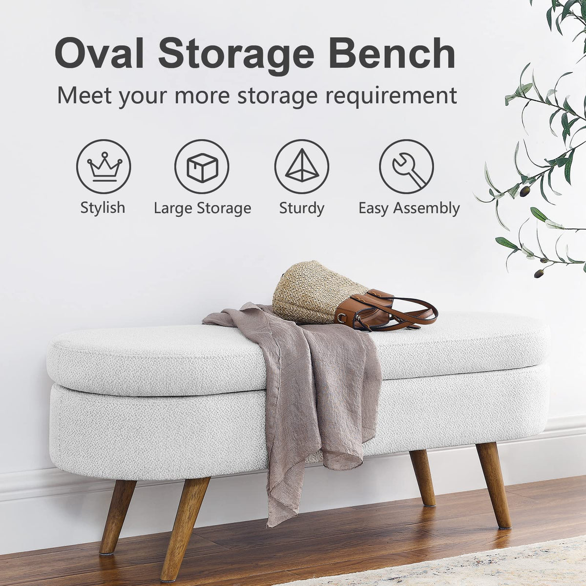White Linen Fabric Upholstered Storage Bench with Solid Wood Legs D737