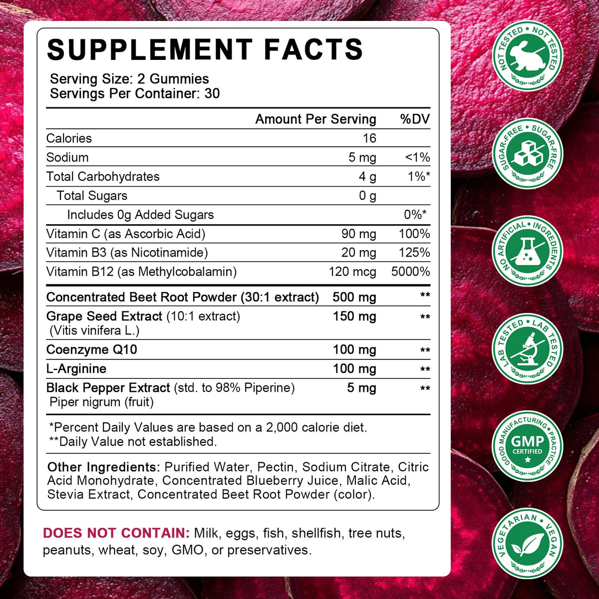 Beet Root Gummies with CoQ10, L-Arginine & Grape Seed Extract, Vegan, 60 Counts E35957