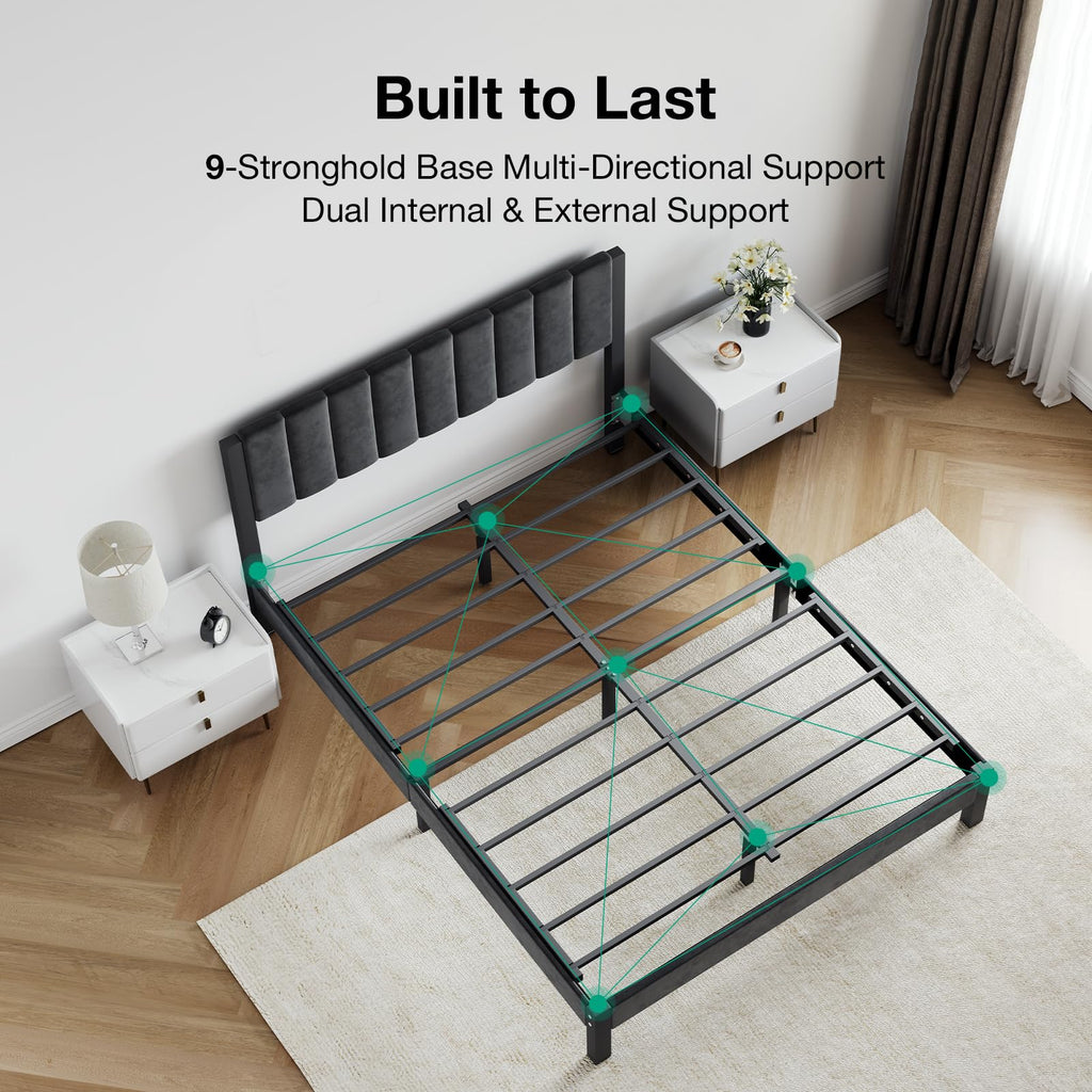Full Size Metal Platform Bed Frame with Velvet Black Headboard and Footboard U6013