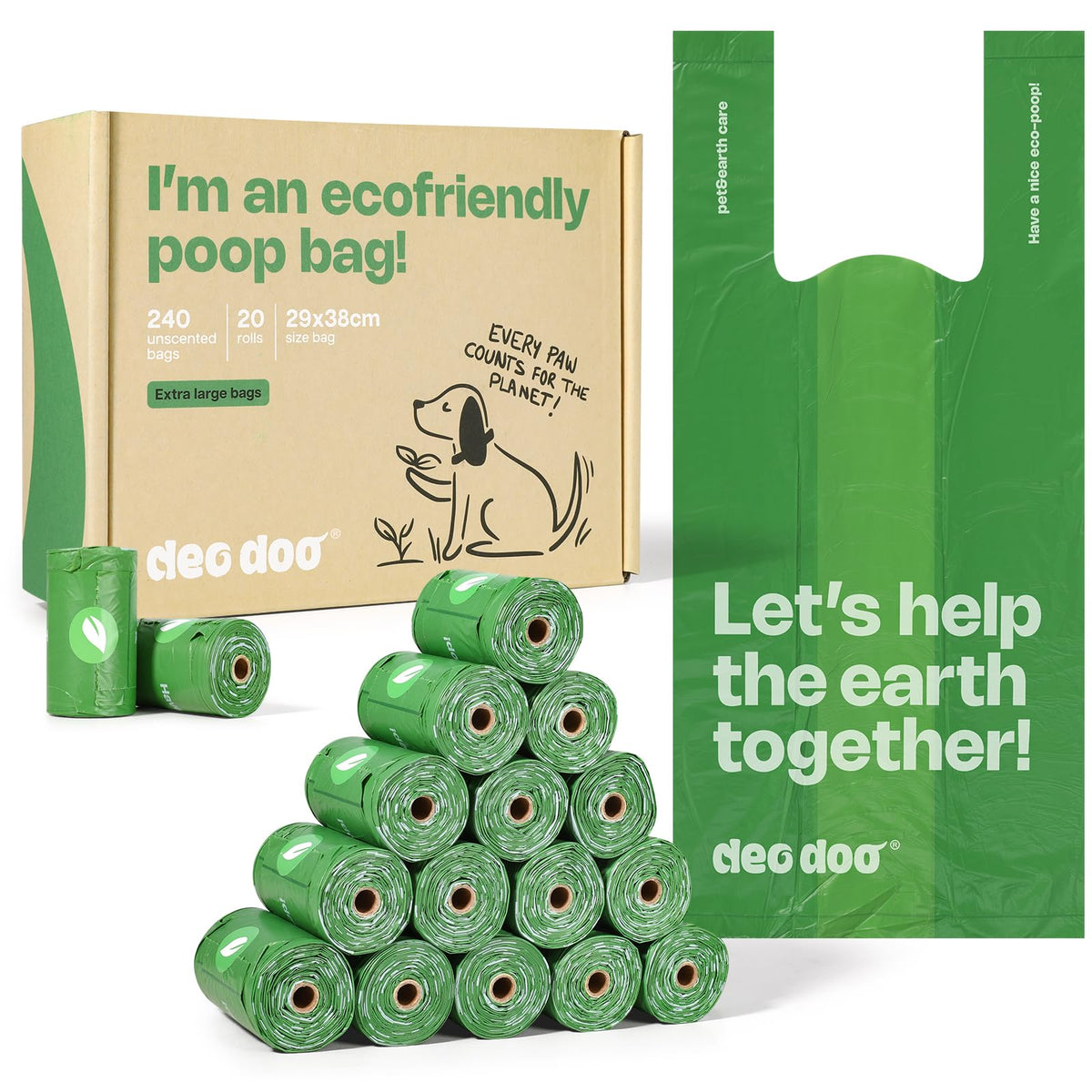 Dog Poop Bags with Handles, Large Size, 240 Bags, Unscented F99267