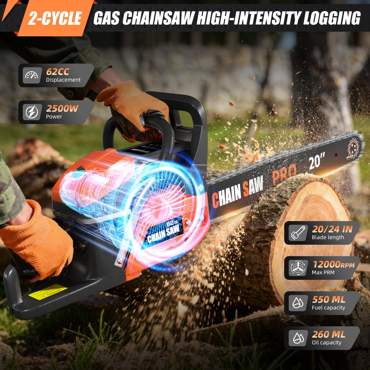 62CC Gas Chainsaw with 20inch & 24inch Chain Saw Bar P754800