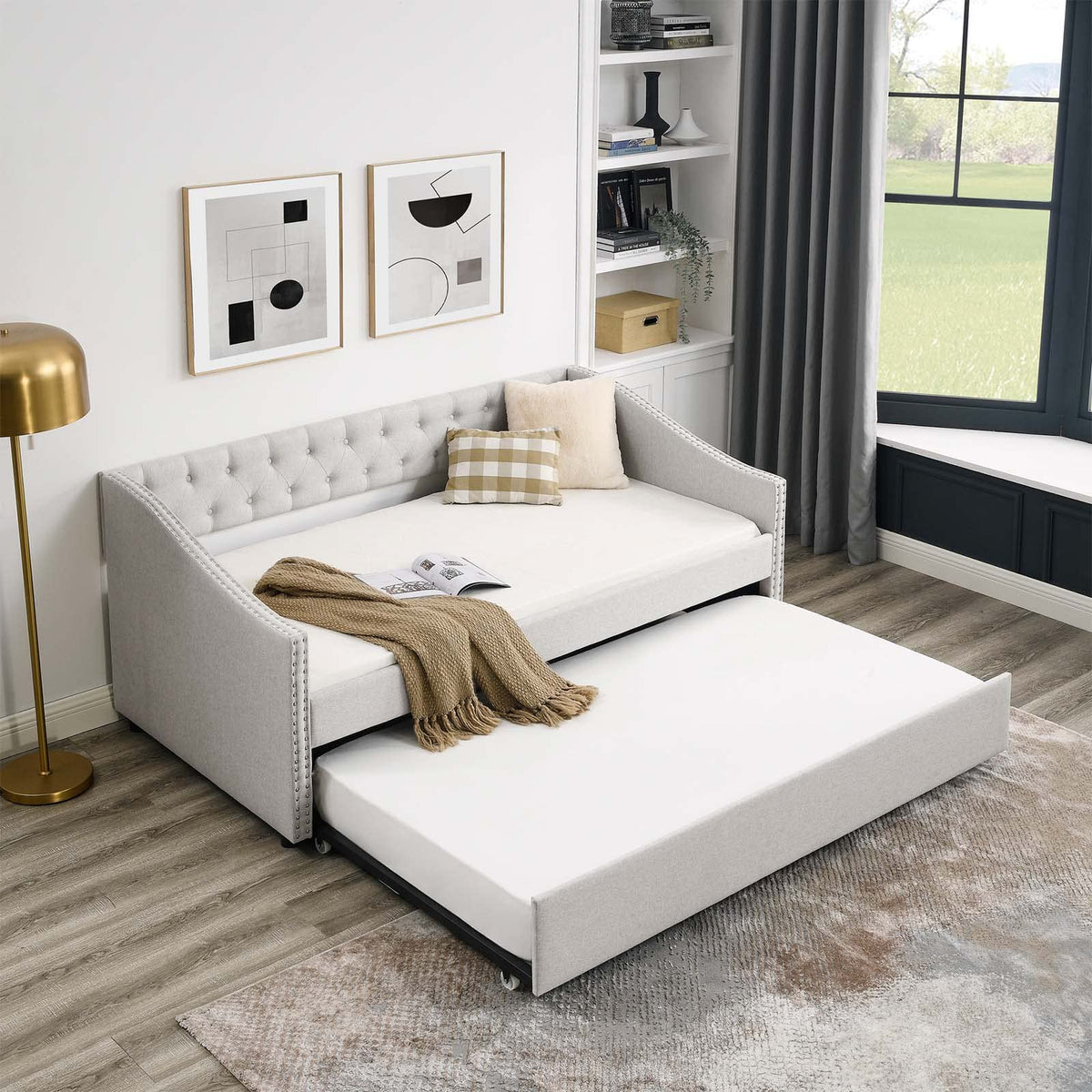 Velvet Upholstered Twin Size Daybed with Trundle Y2980