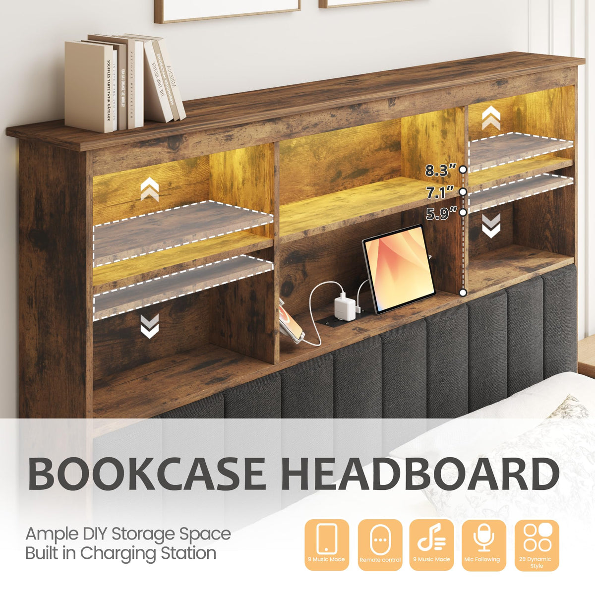 Queen Bed Frame with Headboard, Wood Bed Frame with Storage Y52413
