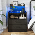 Black LED Nightstand with Charging Station and 2 Drawers W879