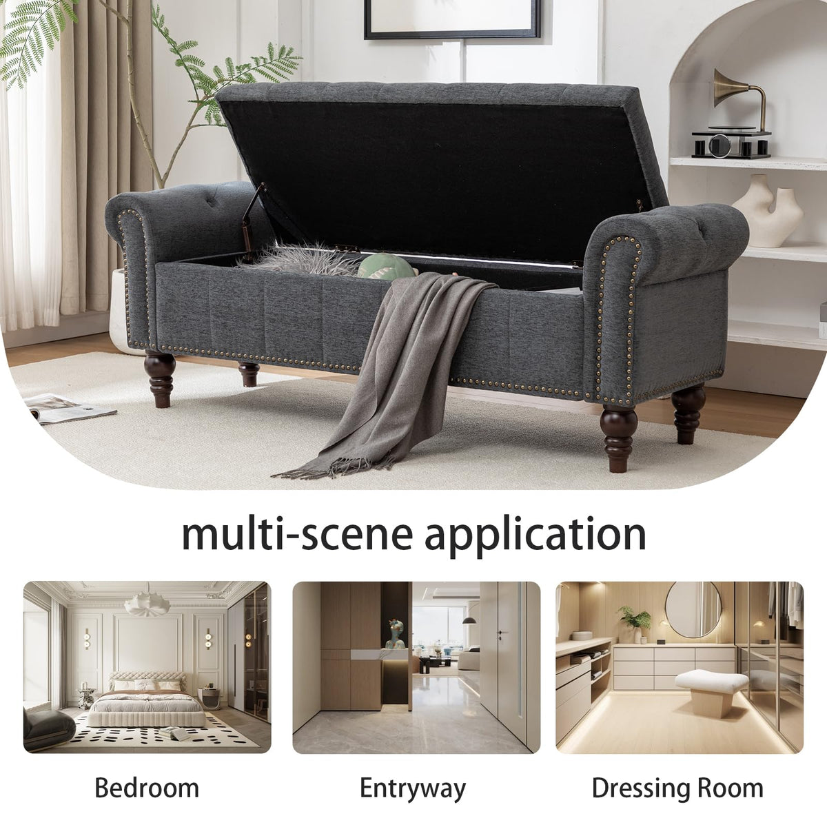 58" Chenille Storage Bench F510370