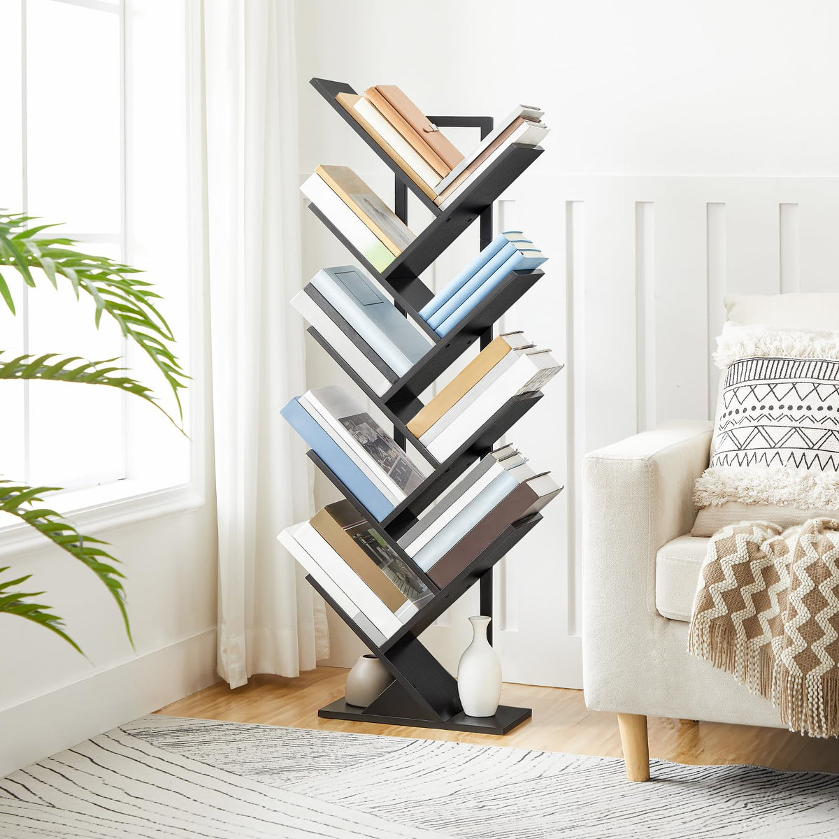Black 9-Tier Wood Tree Bookshelf M9652