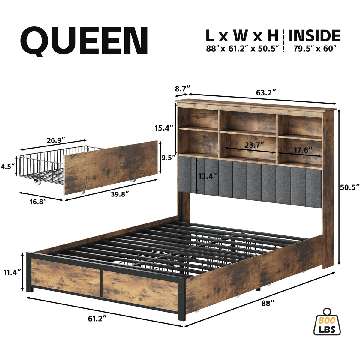 Queen Bed Frame with Headboard, Wood Bed Frame with Storage Y52413