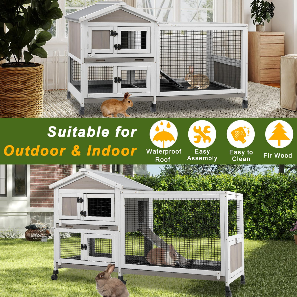 Large Rabbit Hutch with Run 2-Story Bunny Cage 6 Wheels G619332