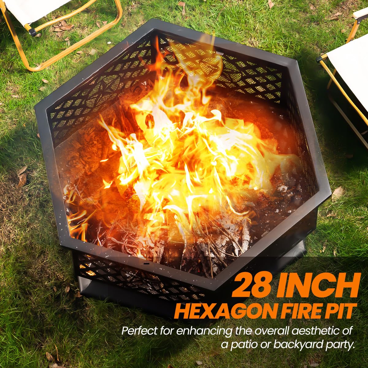 28 Inch Hexagonal Fire Pit with Spark Screen & Fire Poker Black E313