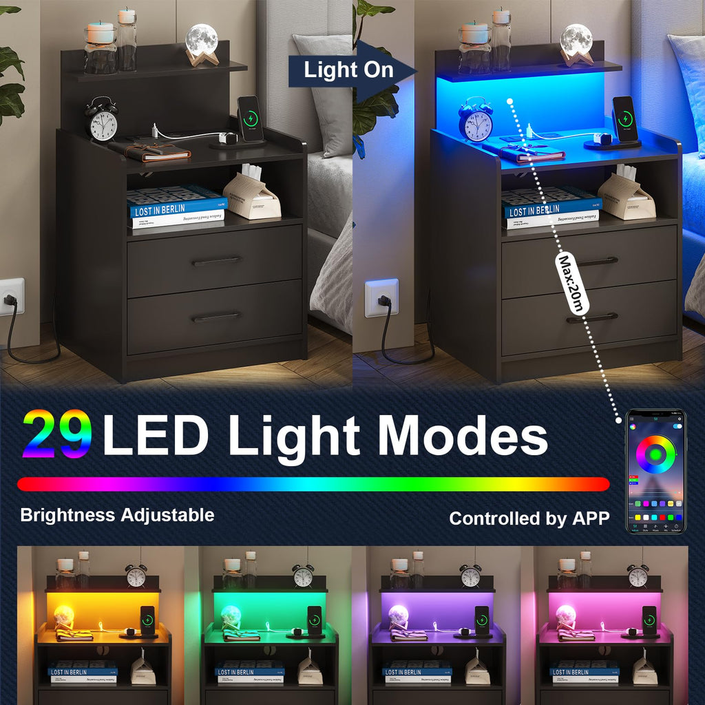 Black LED Nightstand with Charging Station and 2 Drawers W879