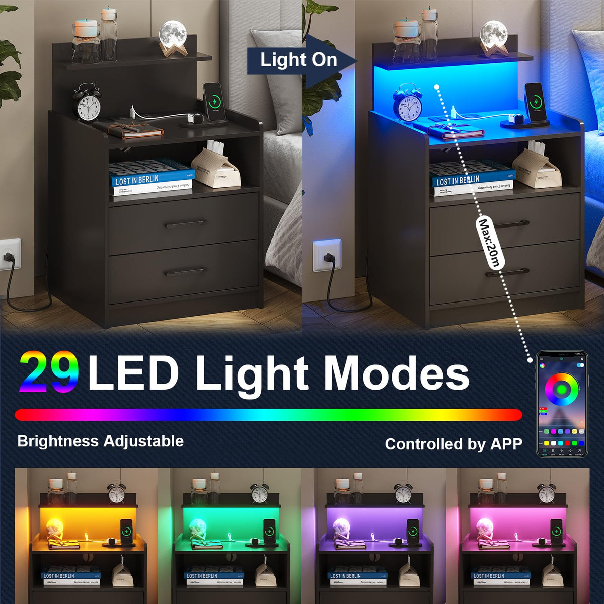 Black LED Nightstand with Charging Station and 2 Drawers W879