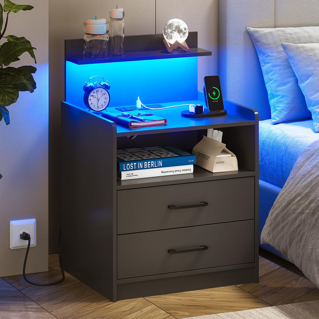Black LED Nightstand with Charging Station and 2 Drawers W879