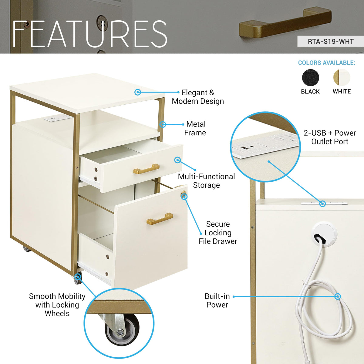 2 Drawer Rolling File Cabinet with Lock H1280