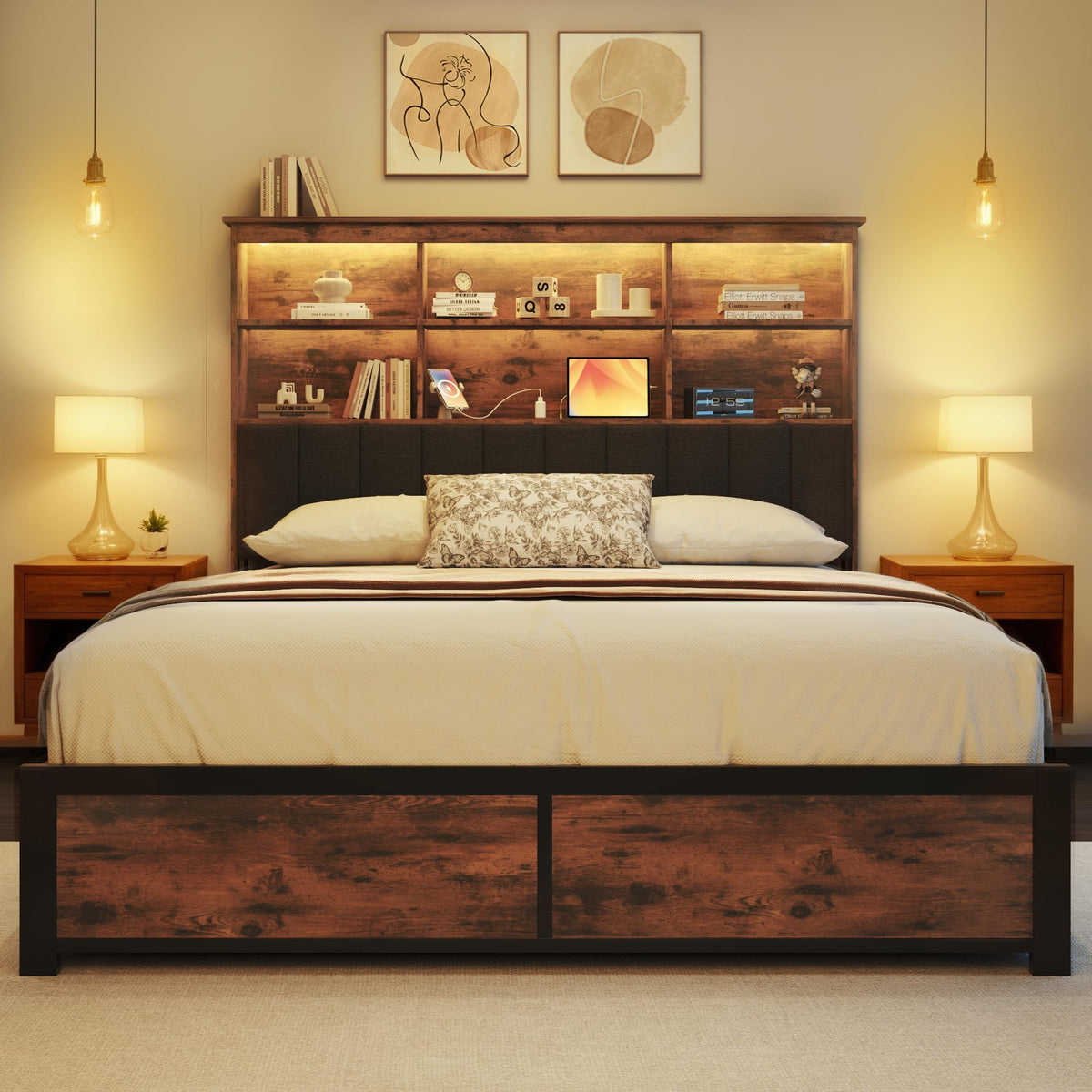 Queen Bed Frame with Headboard, Wood Bed Frame with Storage Y52413