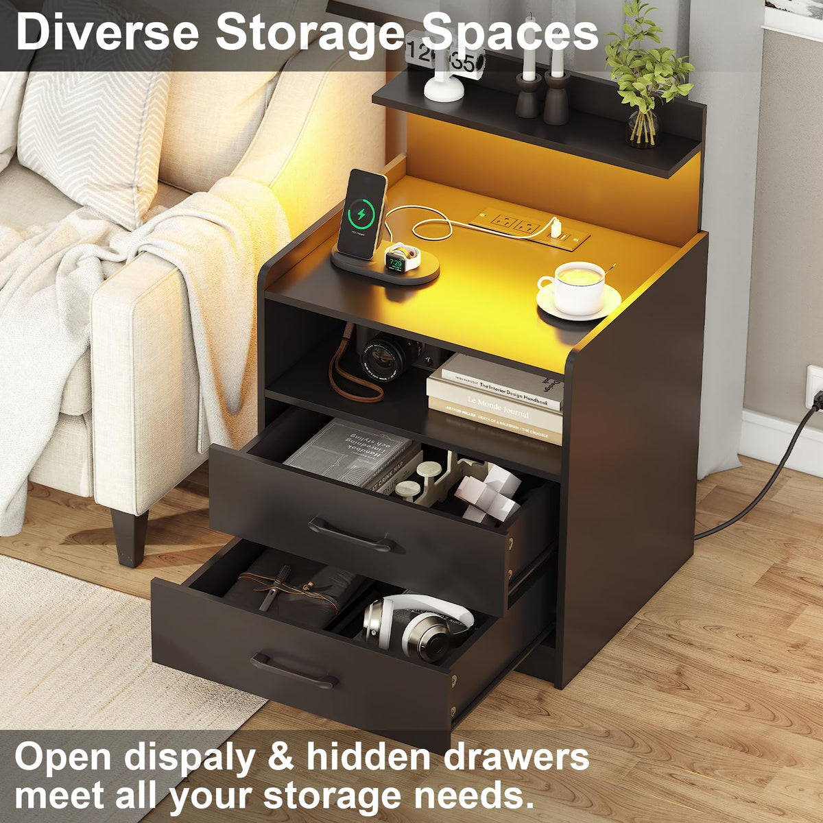 Black LED Nightstand with Charging Station and 2 Drawers W879