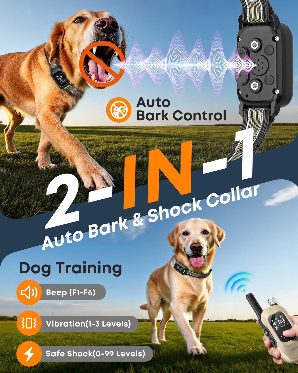 2-in-1 Dog Bark & Shock Collar with Remote T480