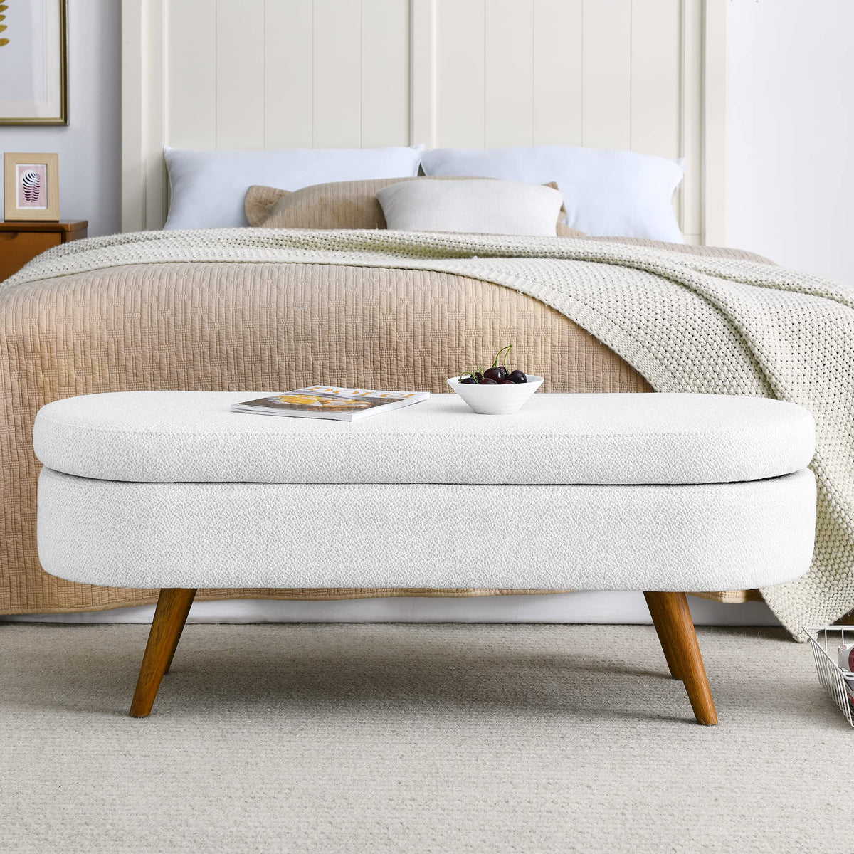 White Linen Fabric Upholstered Storage Bench with Solid Wood Legs D737