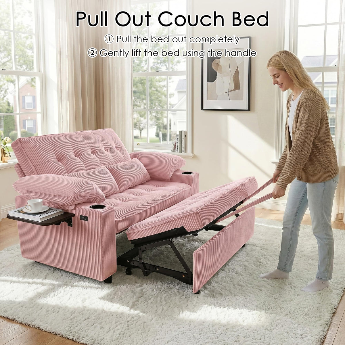 Pink Corduroy Full Size Sleeper Sofa Bed P242