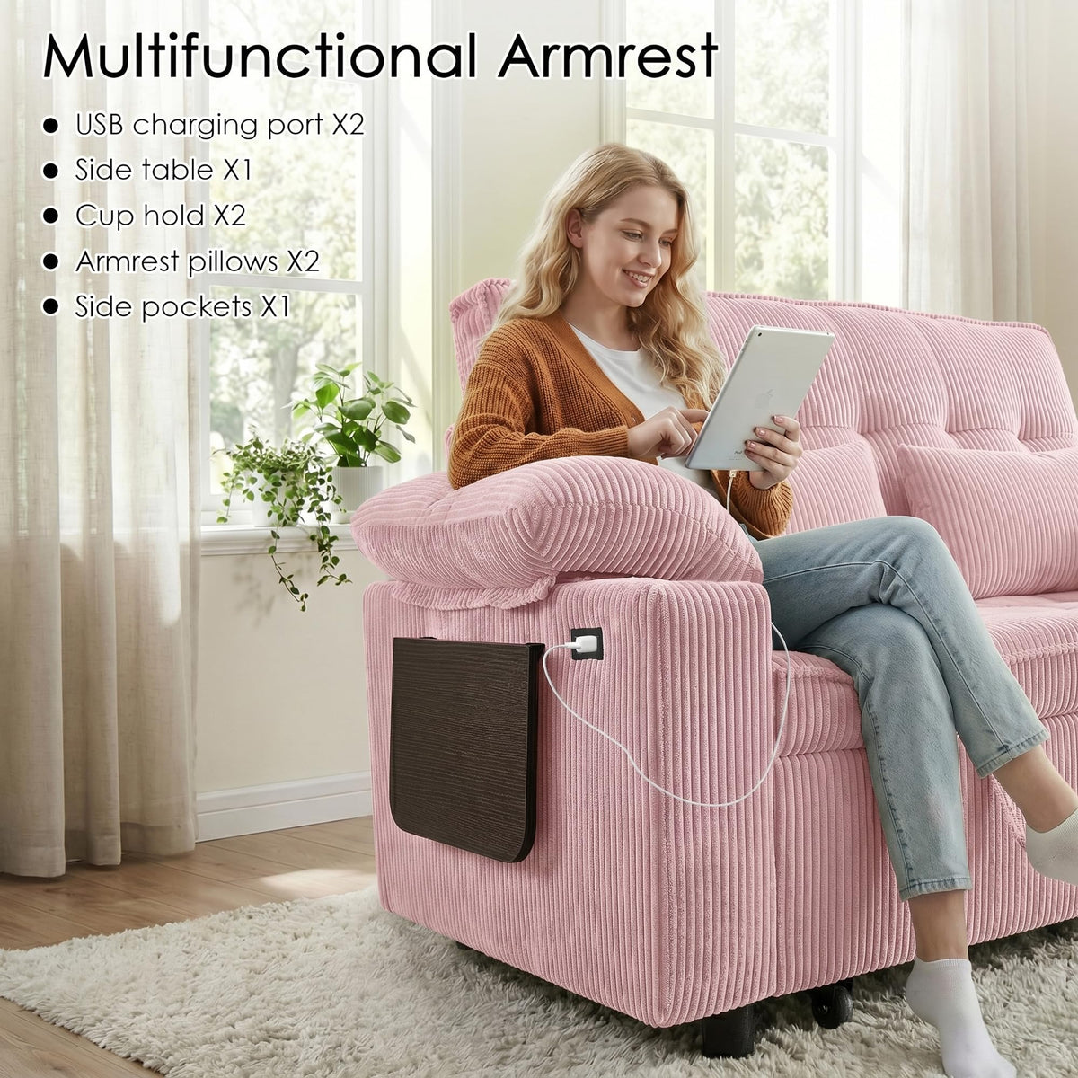 Pink Corduroy Full Size Sleeper Sofa Bed P242