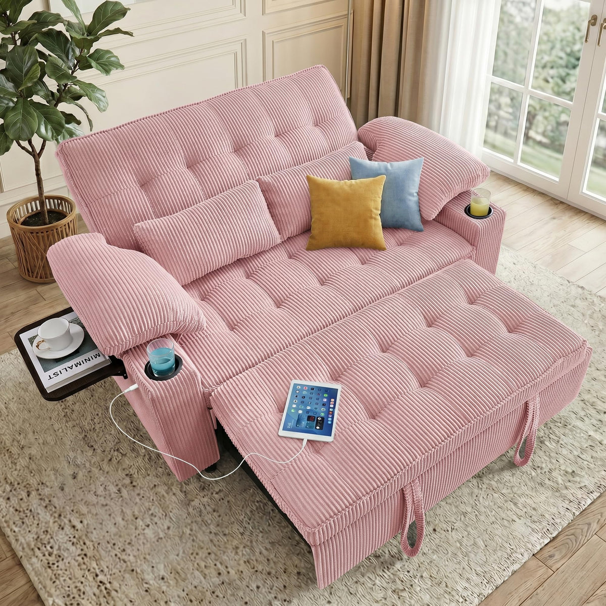 Pink Corduroy Full Size Sleeper Sofa Bed P242