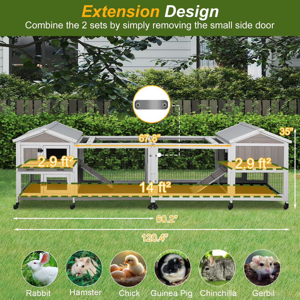 Large Rabbit Hutch with Run 2-Story Bunny Cage 6 Wheels G619332