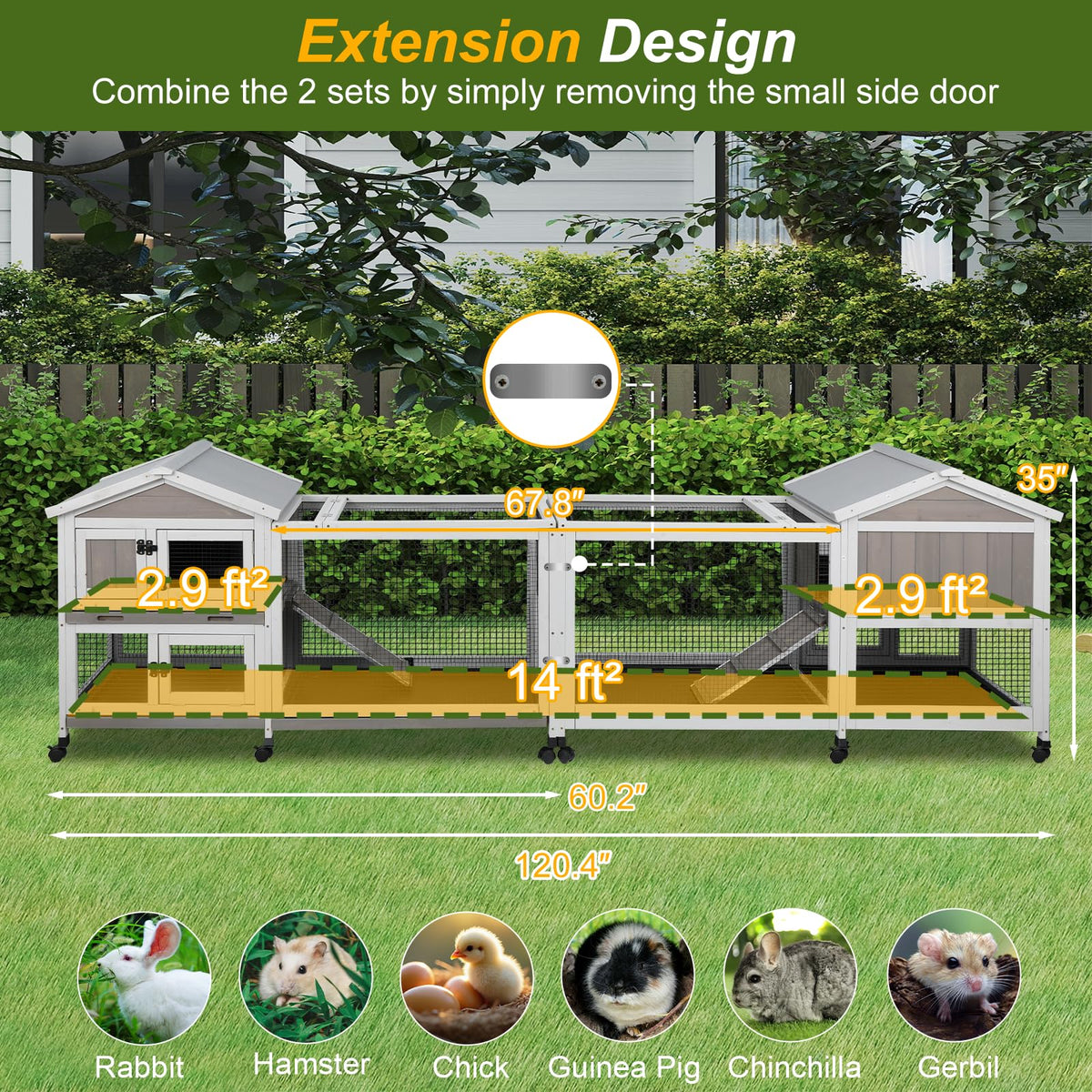 Large Rabbit Hutch with Run 2-Story Bunny Cage 6 Wheels G619332